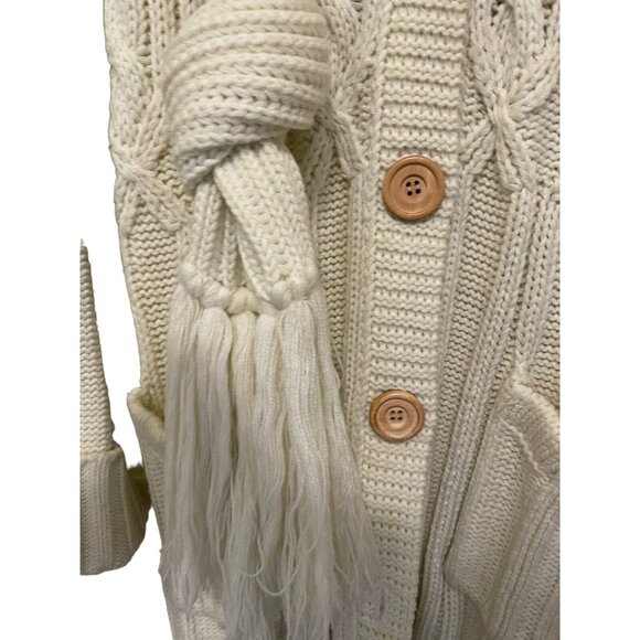 Vintage Partners Hippy Women Med  Beige Sweater Maxi Coat Long Cable Knit Scarf - Picture 4 of 5